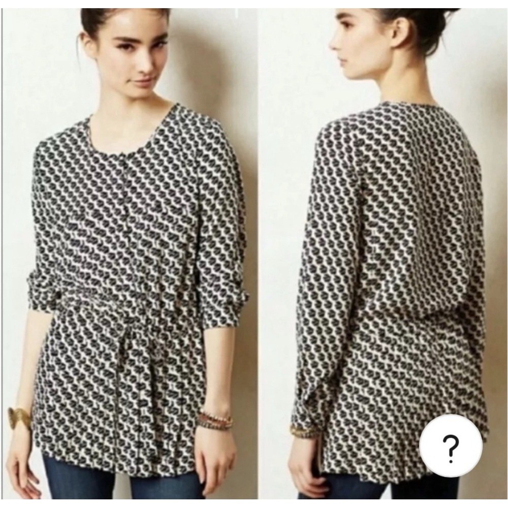 Maeve Anthropologie Peplum Bird Print Blouse XS/S Tie‎ Waist Black Ivory Pleated